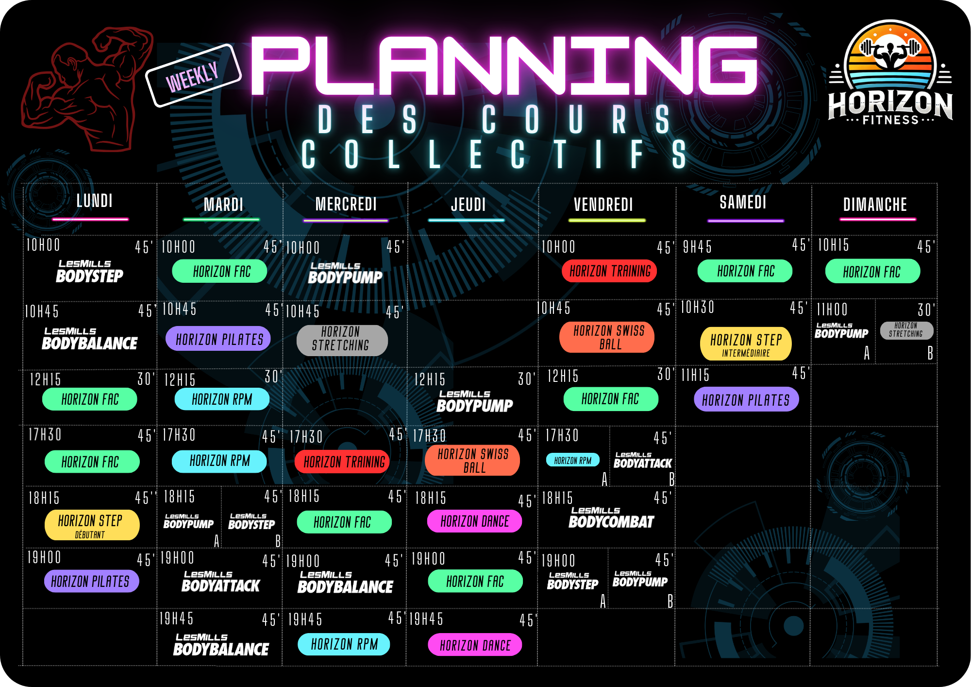 Planning des cours collectifs Horizon Fitness